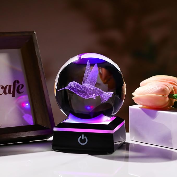 Qianwei 3D Crystal Ball Hummingbird Gift - 3.14'' 80mm Laser Decor Glass Animal Figurine Statue for Room Decorations With Night Light