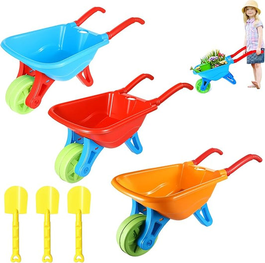 3 PCS Kids Wheelbarrow with 3 PCS Kids Toddlers Shovels for Gardening Digging, Small Plastic Wheelbarrow for Toddlers, Garden Cart on Wheels for Girls Boys Outdoor Digging Play Over Aged 3 Years Old