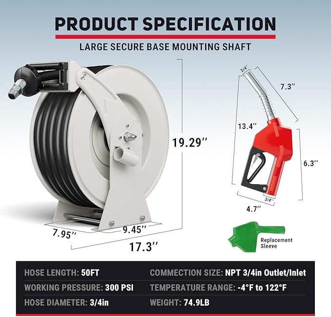 Fuel Hose Reel 3/4" x 50' Retractable with Fueling Nozzle Diesel Hose Reel 300 PSI Industrial Auto Swivel Heavy Duty Steel Construction for Farm Ship Vehicle Tank