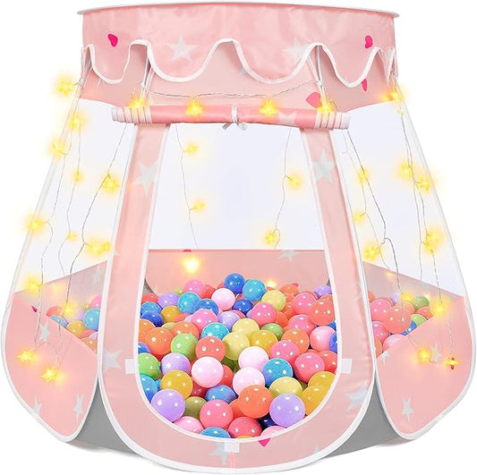 Pop Up Princess Tent with Star Light, Toys for Year Old Girl Birthday Gift, Ball Pit for Months Baby Toys, Toddler Girl Gift, Easy to Pop Up and Assemble (Pink Gray)