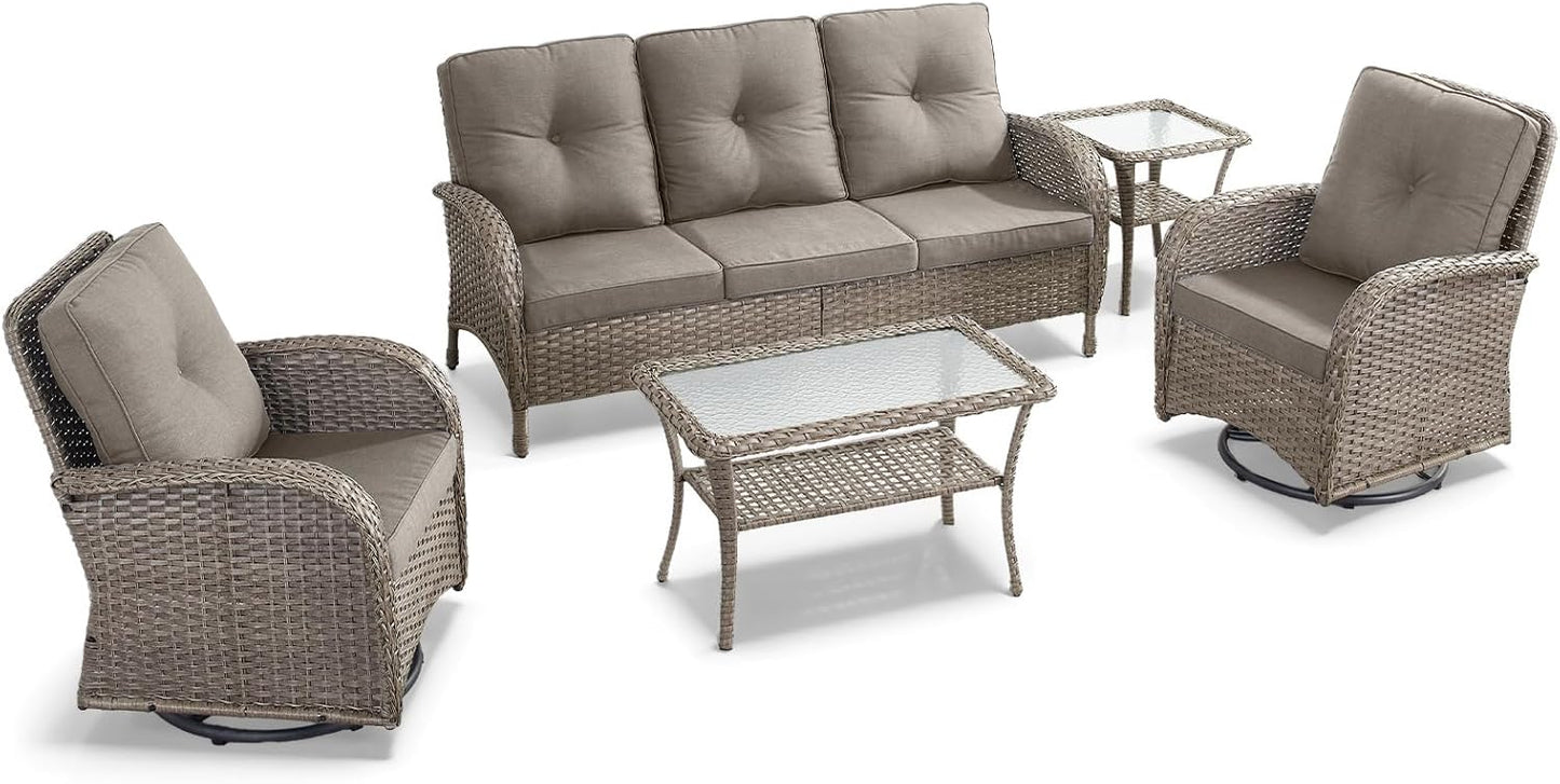 HUMMUH Wicker Patio Furniture Set-All Weather Rattan Patio Sofa Set with Swivel Rocker Chairs Outdoor Conversation Set for Deck Lawn Porch Balcony Poolside-Grey/Grey