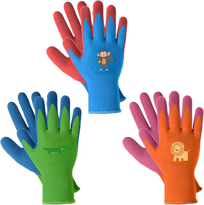 MIG4U Kids Gardening Gloves 3 Pairs, Rubber Coated Yard Work Gloves Waterproof Durable for Boys and Girls
