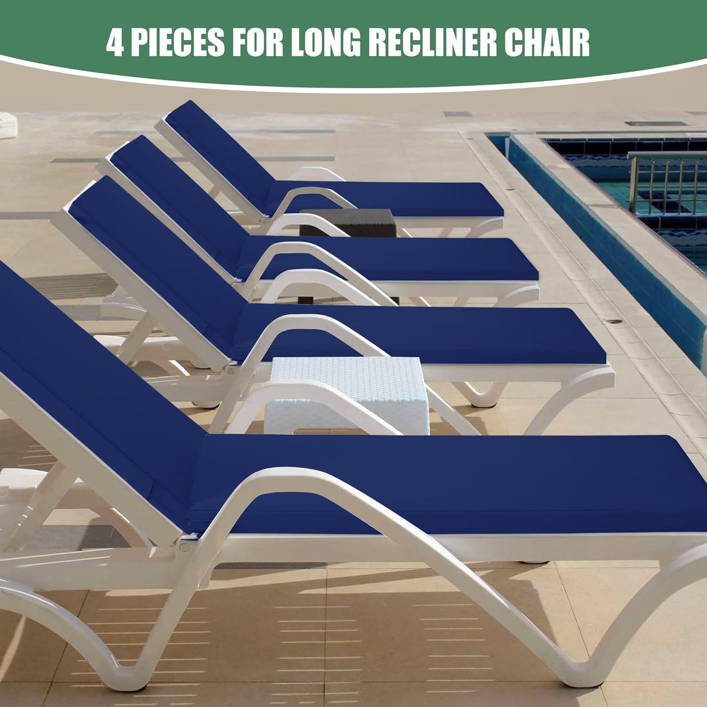 Chaise Lounge Cushions Outdoor Set of 4 - Waterproof and Fade Resistant Sun Lounger Replacement Cushions - Patio Lounger Pads with Removable Cover for Pool, Deck, 72 x 21 x 3 Inch, Navy