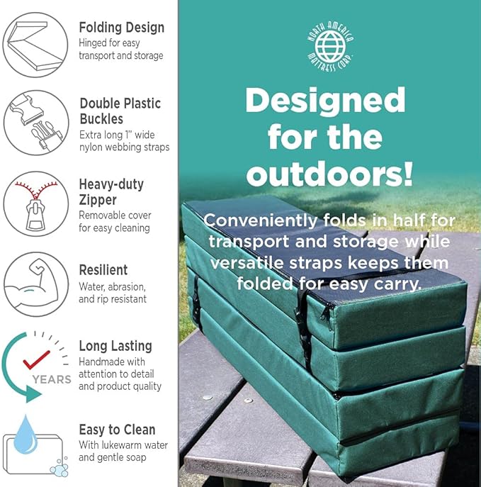 North American Mattress 6' Outdoor Picnic Bench Seat Cushion -2 Piece Set; 72" (6ft) x 10" x 3"; Green/Blue - Folding & Easy to Carry