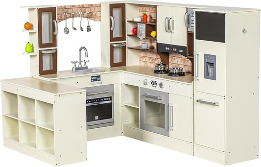 3-Piece Kids Kitchen Playset, Walk-in Wooden Play Kitchen Set for Toddlers, Modular Pretend Play Kitchen w/Light&Sound, Large Corner Kitchen Cooking Toy w/Coffee Capsule, Gift for Girls Boys