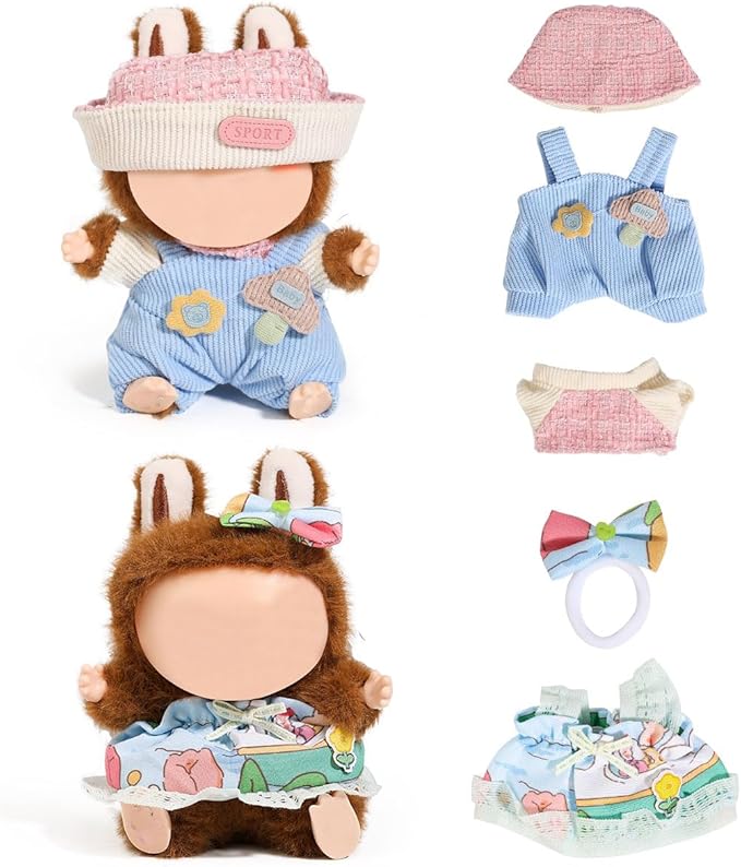 (2 Set) XMBYGY Doll Clothes for Labubu(for 17/15cm Standing/Sitting Doll)(NO Doll) - Accessories Clothes Dress up for Dolls Outfit Included Figures Clothing and Hat for Girl Woman (LB22+LB6)