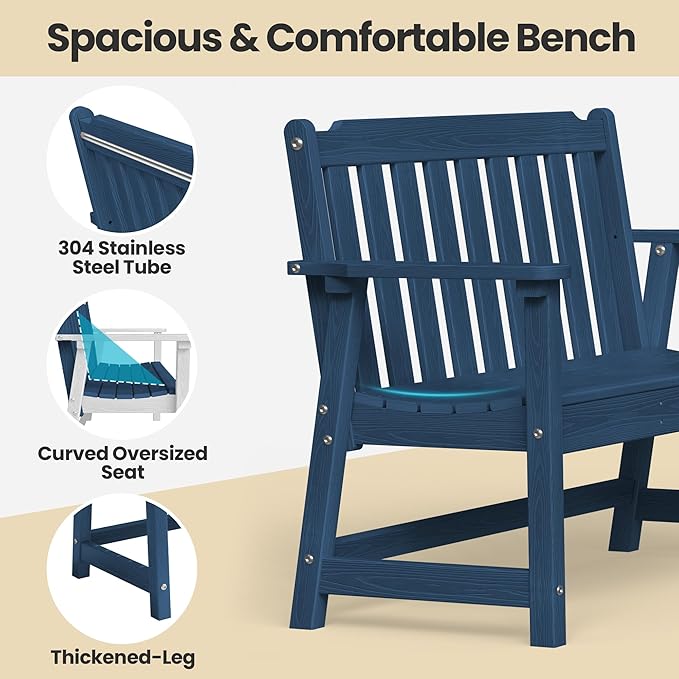 Ciokea 46" Heavy Duty Outdoor Bench, HDPE Weatherproof Garden Benches, Durable 2-Person Porch Benches with 660 Lbs, Waterproof Patio Bench for Outside Balcony Deck Backyard, Navy Blue