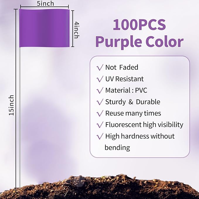 Zozen 100Pack Purple Marking Flags, Writable | 15x4x5 Inch, Yard Flags for Lawn & Irrigation & Landscape & Sprinkler & Survey & Dog Training.