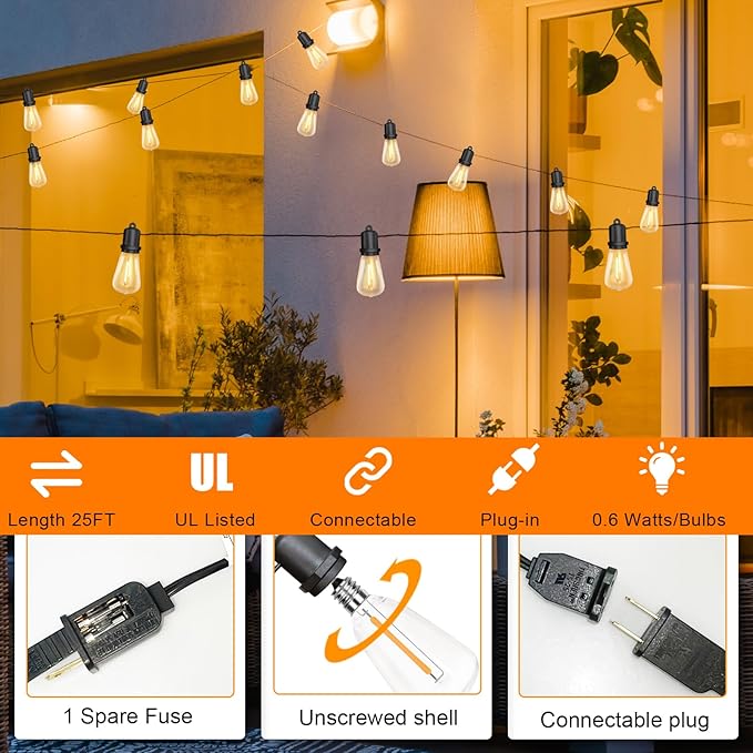 GOOTHY 25Ft LED Outdoor String Lights with 13 Edison Shatterproof Bulbs (1 Spare), ST38 Hanging Patio Lights Waterproof for Outdside Porch Deck Backyard Garden Commercial Grade Decorations Lights