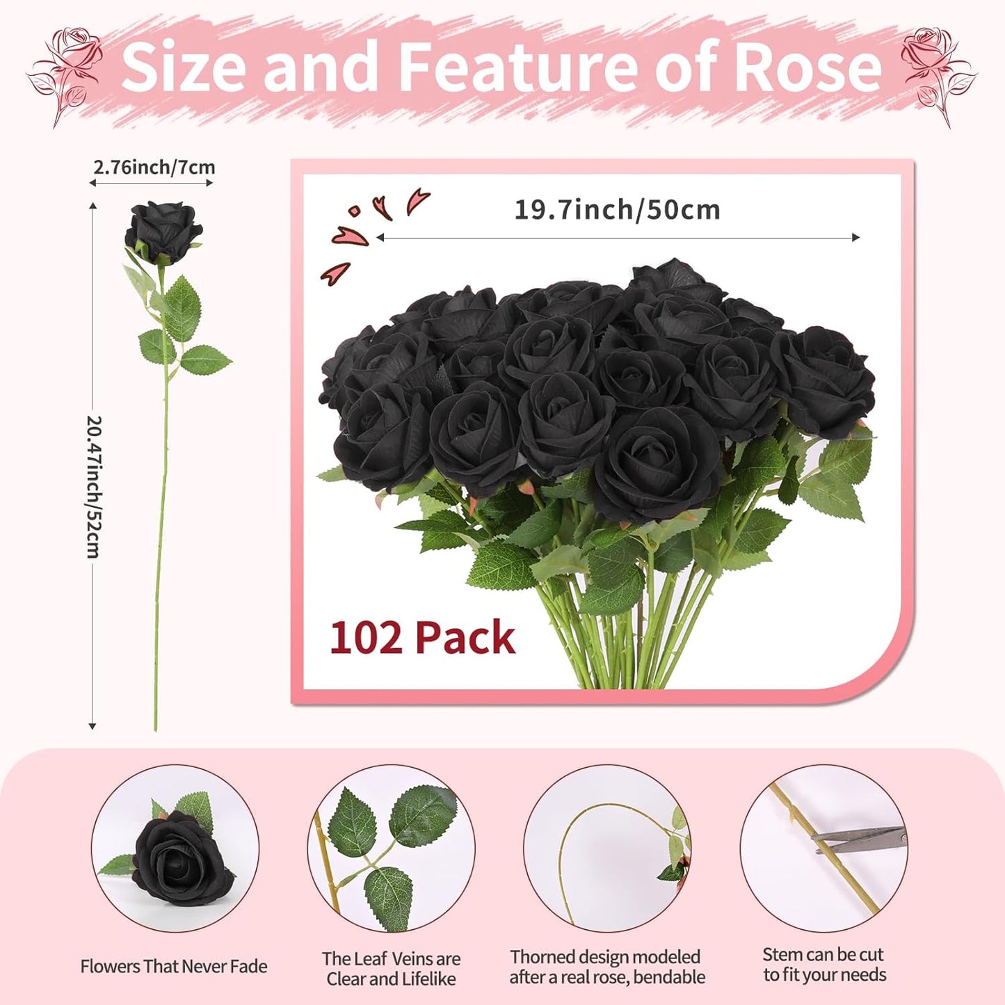 102 PCS Fake Roses Artificial Flowers Bulk, Black Roses Bridal Bouquet Silk Faux Rose with Stems for Wedding Flowers Decoration, Valentine's Day, Bridal Bouquet, Anniversary,Home Decor (102PCS, Black)