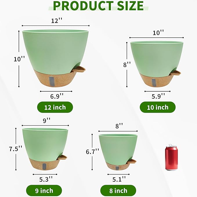 12/10/9/8 inch Self Watering Pots with Visual Water Window, Extra Large Self Watering Plant Pot with Drainage Holes and Saucers, Green Flower Pots for Indoor Plants