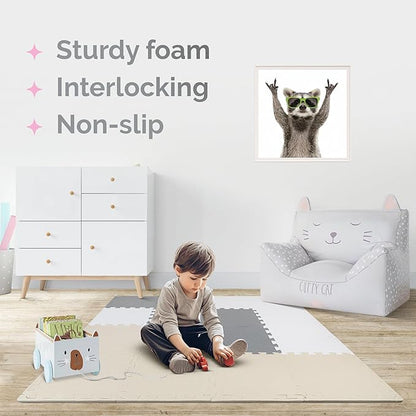 TOYVELT Foam Puzzle Floor Mat for Kids 12x12-16 Interlocking Play Mat Tiles with Colors - Educational Large Puzzle Foam Floor Tiles for Crawling, Non-Toxic - Cream-Gray-Beige
