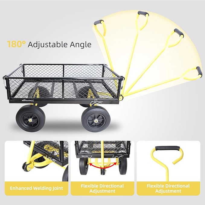 Heavy Duty 480 Lbs Capacity Mesh Steel Garden Cart Folding Utility Wagon with Removable Sides (Black+Yellow)