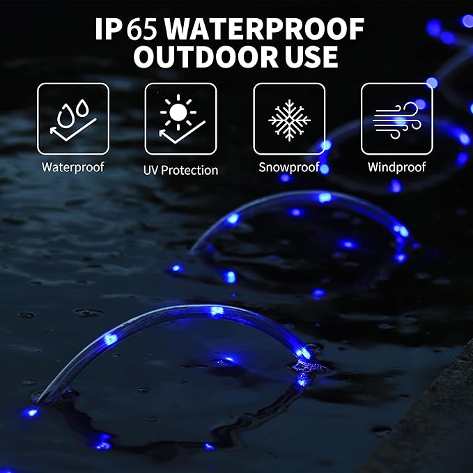 LED Rope Lights for Outside, 150Ft 360° Blue Solar Rope Lights Outdoor Waterproof, 643 LEDs 110V 8 Modes Remote Control Timer Christmas Rope Lights for Party Holiday Garden Decoration (Blue)