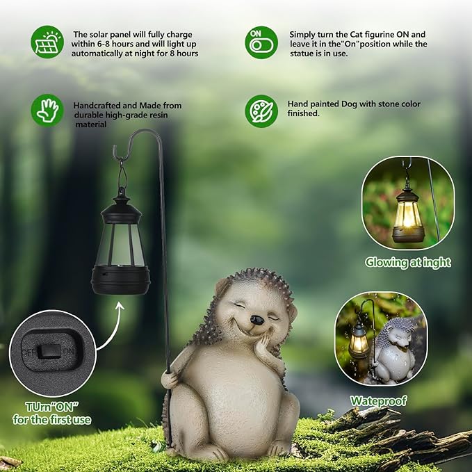 Solar Hedgehog Statue Garden Decor, Solar Hedgehog Statue Lights Outdoor, Waterproof for Patio, Balcony, Yard, Lawn, Father Day & Mother Day Garden Housewarming Gifts for Women, Men, Mom, Dad, Grandma