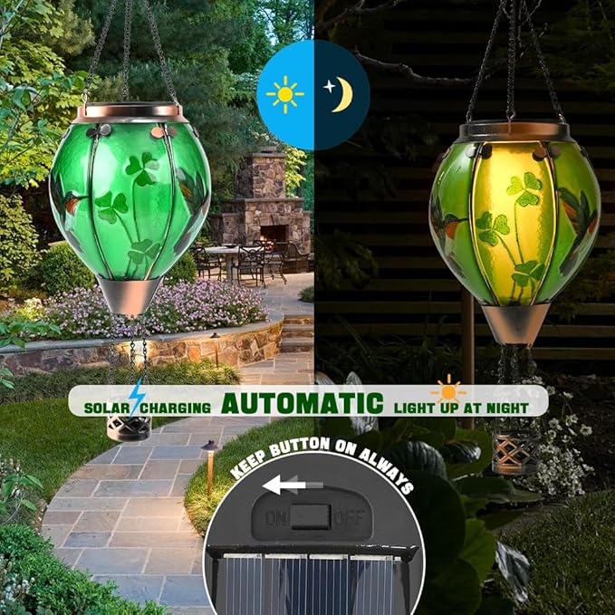 St Patricks Hot Air Balloon Solar Lantern - Simulated Flickering Flame Patrick's Shamrock Glass Lantern, Outdoor Hummingbird Hanging Yard Light for St Patty's Day Patio Porch Decor Clover Gfit