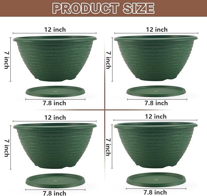 Quarut Large-Planter-Indoor-Outdoor Plant Pots, 12 inch 4 Pack Flower Pots with Saucer and Drainage Holes, Modern Planters for Planting Medium Large Plants,Decorative Resin Garden Pots(Green)