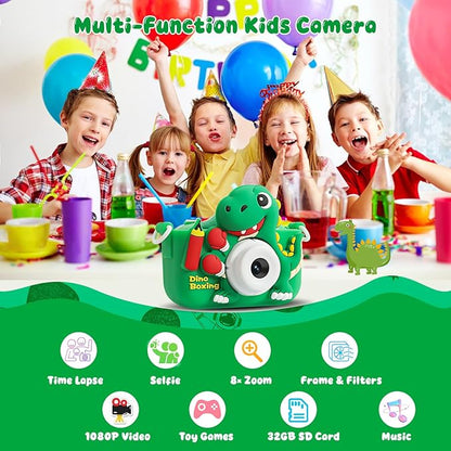 Kids Camera, Dinosaur Kids Camera for Kids Boys, Toddler Camera Digital Camera for Kids Age 3-12, Christmas Birthday Gifts Toys for 3 4 5 6 7 8 9 10 Years Old Boys, 1080P HD Selfie Video Camera