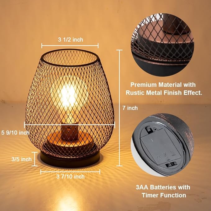 DECORKEY Set of 2 Battery Operated Lamp LED Table Lantern, Brown Metal Cage Cordless Lamps with LED Bulb，Vintage Decorative Outdoor Lantern for Weddings, Parties, Patio, Events for Indoors Shelf Decor