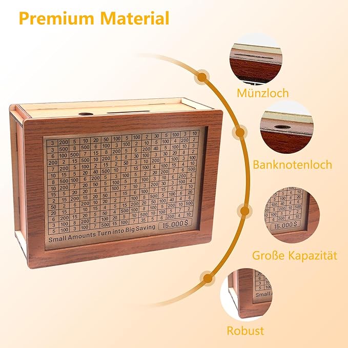 Cash Vault Wooden Savings Box 10000 5000 15000 3000 2000 1000 500 Cash Box with 2 Blank Savings Tracker, Official Save Box $10000 Brown