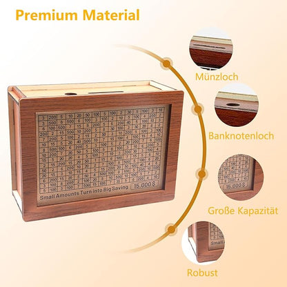 Cash Vault Wooden Savings Box 10000 5000 15000 3000 2000 1000 500 Cash Box with 2 Blank Savings Tracker, Official Save Box $10000 Brown