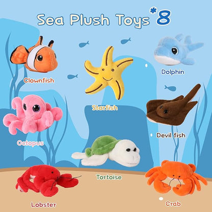 Muiteiur Plush Soft Ocean Animals Set with Plush Sea Shell House Includes Stuffed Turtle, Lobster, Crab, Dolphin, Devil Fish, Octopus, Starfish, Clownfish (Multicolor,8 Piece)