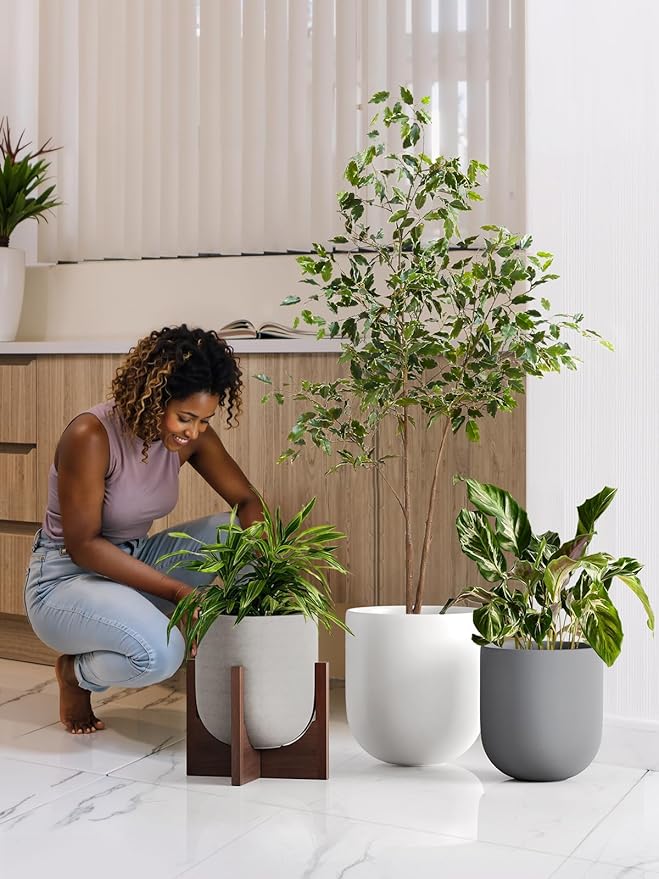 LE TAUCI 12 Inch Pots for Plants with Acacia Wood Stand, Ceramic Large Planters for Indoor Plants, Indoor Plant Pots for Office Living Room, Pots for Plants with Drainage Hole and Plug, Charcoal Gray