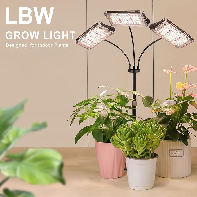 LBW Plant Grow Light, Full Spectrum Tri-Head Desk Plant Light for Indoor Plants, Growing Lamp with 3H/6H/12H Timer, 6-Level Brightness, 3 Lighting Modes, Height Adjustable, Ideal for Indoor Growth