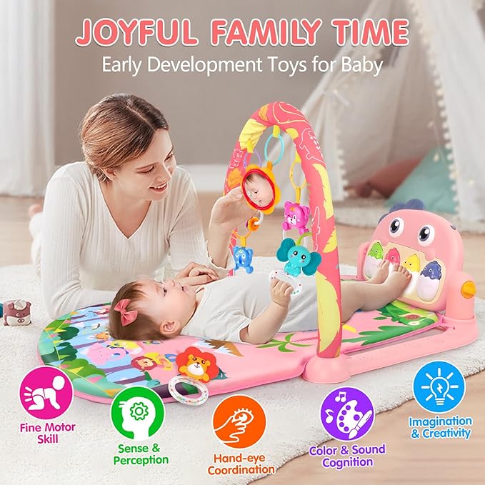 UMIKU Baby Play Mat Baby Tummy Time Mat Activity Center for Newborn Infant Piano Play Gym Mat Music & Light Babies Gifts Boy Girl for Babies 0-6 6-12 Months, Pink Dinosaur