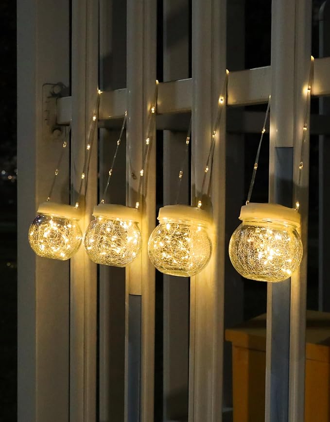 Solar Lantern Solar Lights Outdoor Waterproof 6-Pack, Solar Powered Hanging Lights Cracked Glass Hanging Globes for Christmas Decoration, Shepherd Hook, Garden Tree Ornaments, White Cap, Warm White