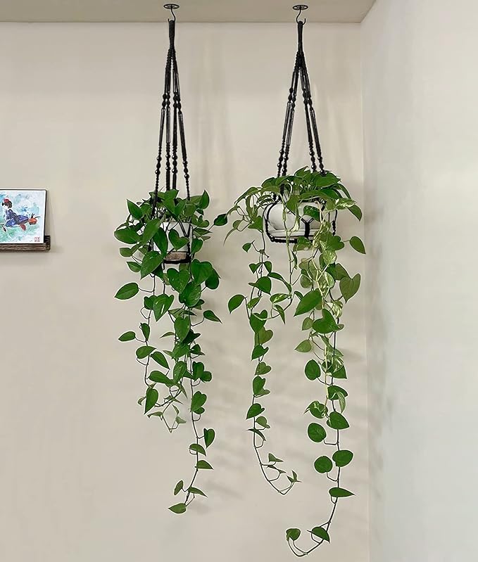 Mkono Macrame Plant Hanger Indoor Hanging Planter Basket with Wood Beads Decorative Flower Pot Holder No Tassels for Indoor Outdoor Boho Home Decor 35 Inch, Black, Set of 1 (POTS NOT Included)