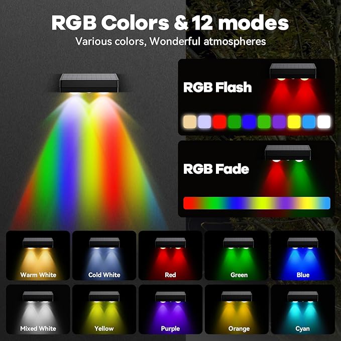 Solar Fence Lights Outdoor,Fence Solar Lights Outdoor IP65 Waterproof Designed with 12 Modes RGB 10 Colors for Wall Step Pool Railing Patio Backyard Holiday Feature Decorations (2 Pack)