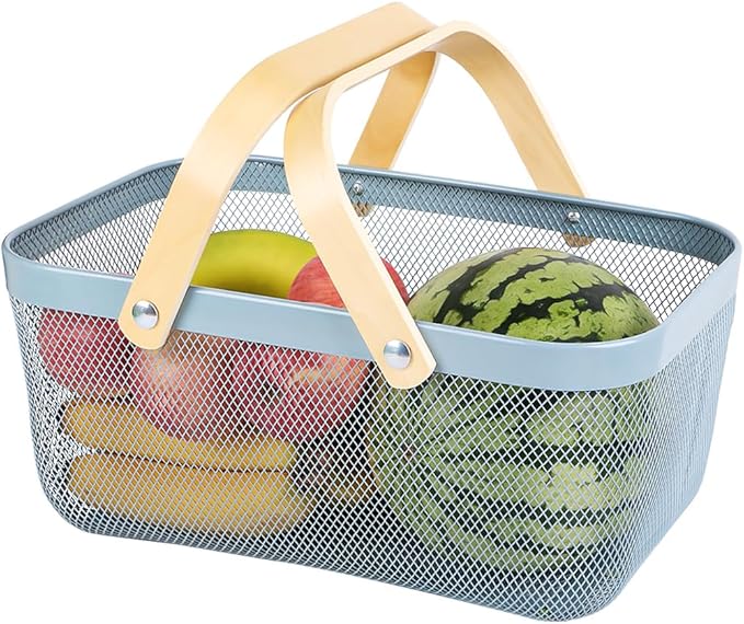 Portable Mesh Harvest Basket - Natural Bamboo Handle Foldable Organizer for Kitchen, Garden & Picnic | Ventilated Storage Bin with Rust-Proof Wire, Space-Saving Farmhouse Decor (Blue)