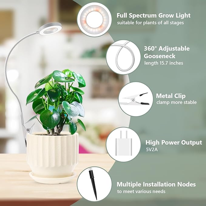 Plant Light for Indoor Plants, Clip on Plant Lights for Indoor Growing Full Spectrum, Halo Plant Grow Light 3 Pack with 360° Gooseneck, 6/12/16H Timer, 3 Light Modes for Small Plants