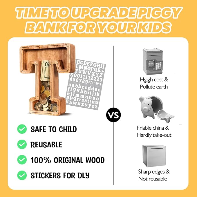 KMC Wooden Letter Piggy Bank, Personalized Initial Piggy Bank for Kids Boys, Clear Alphabet T Wood Money Box, Unbreakable Coin Saving Jar, Birthday, for Children