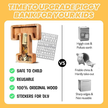 KMC Wooden Letter Piggy Bank, Personalized Initial Piggy Bank for Kids Boys, Clear Alphabet T Wood Money Box, Unbreakable Coin Saving Jar, Birthday, for Children