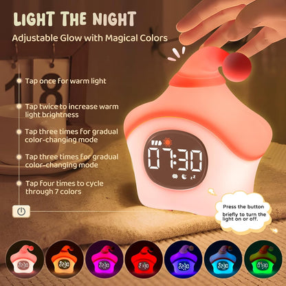 Star Alarm Clock with Night Light for Kids with Sleep Training and Sound Machine, Rechargeable Silicone Lamp OK to Wake Clock，Cute Animal Tabletop Lamp, Perfect Sleep Companion for Boys Girls, Pink