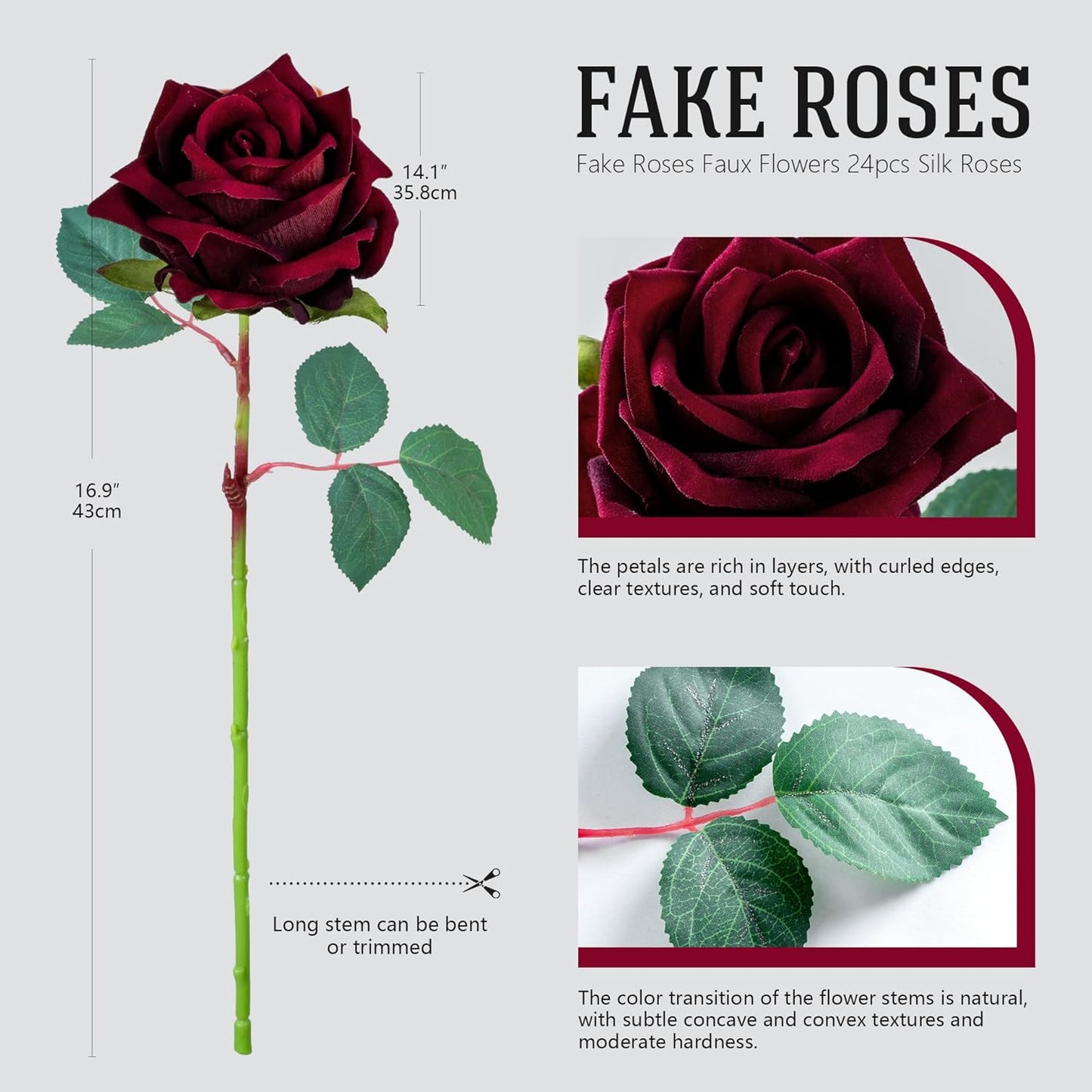 Fake Roses Faux Flowers Silk Roses Artificial Roses with Stems Realistic Artificial Flowers Suitable for Indoor Home Decoration Diy Bouquet Wedding Decor Party Decor 24PCS(Black red,16.5In)