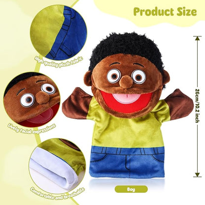 1 Pcs Family Hand Puppets 12 Inch Grandparents, Mom & Dad, Brother & Sister Plush Hand Puppet Toys Role-Play Toy Puppets for Kids Storytelling Imaginative Pretend Play Teaching Preschool(Black Bro)