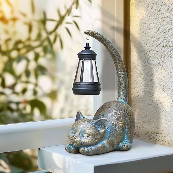 MININOVA Solar Garden Statues Cat Figurine with Solar Light Outdoor Decorations for Patio Yard Lawn Ornament Outdoor Housewarming Birthday Gift for Mom Grandma Friends