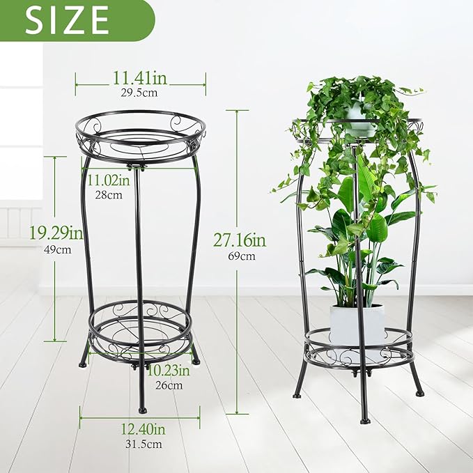 Plant Stand Indoor Outdoor，Tall Black Metal Rustproof Stable Plant Stands，2 Tier 27.1 inch (2PS-Iron)
