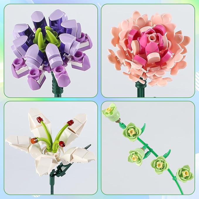 Flower Bouquet Building Blocks Artificial Pink Carnation Botanical Collection Bricks Sets Kits Christmas X'Mas Birthday Anniversary Valentine Gifts for Adults Women Mom Girlfriends(514PCS)