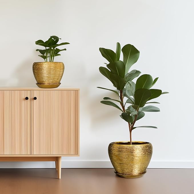 Flower Pots for Indoor Plants- Ceramic Pots for Plants 10 Inch 8 Inch 6 Inch Plant Pots with Drainage Holes and Saucers Decorative Large Planters for Outdoor Plants Set of 3 Gold