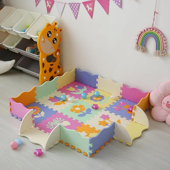 Foam Play Mat for Kids，25Pcs Square Interlocking Puzzle Floor Mat，Baby Play Mat Floor Mat Foam Puzzle Playmat for Toddlers with Fence（Flower-CSH037