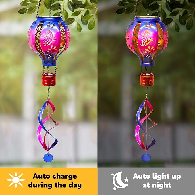 Hot Air Balloon Solar Lantern Butterfly Wind Spinners with Flickering Flame Light Hanging Solar Lantern Outdoor Waterproof Decorations for Outside Patio Garden Yard