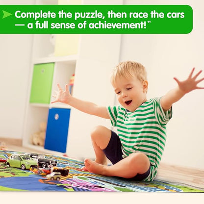City PlayMat Jumbo Floor Puzzle for Kids Ages 3-8，60-Piece Large Jigsaw Puzzles, Town Map with Race Tracks & Train Tracks，Educational Toy for Pretend Play, Ideal Gift for Preschoolers