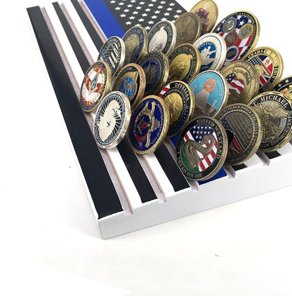 6-Row American Flag Challenge Coin Display Stand - Thin Blue Line, Holds 42-46 Coins