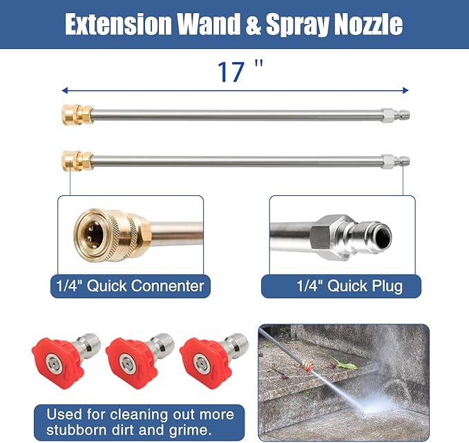 JANZ 20'' Pressure Washer Surface Cleaner with 4 Wheels, Stainless Steel Housing, 1/4" Quick Plug, 2 Extension Wands, 2 Replacement Nozzles and 3 Spray Nozzles, 4000 PSI