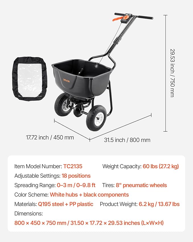 VEVOR Broadcast Spreader, 60LBS Capacity, Walk-Behind Push Spreader, 0-9.8 ft Spreading Width, 10 in All Terrain Pneumatic Tires, Lawn Spreaders with Hopper Grate, for Seed, Fertilizer, Salt, Ice Melt