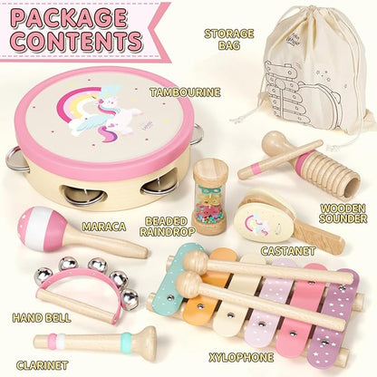 Baby Musical Instruments for Toddlers 1-3, Montessori Wooden Toys for 1 Year Old, Xylophone Maracas Percussion Set with Storage Bag, Learning Toys for Boys Girls Age 2-4, Christmas Birthday Gift, Pink